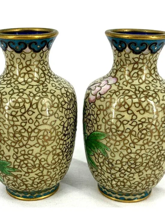 Cloisonne Mini Vases Gold Toned Asian Enamel Vases Floral 4" Tall Vtg Mini - Picture 6 of 8